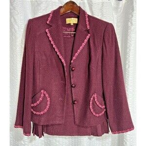 VTG Bergamo by EBI 2 Piece Burgundy Lace Trimmed‎ Skirt Suit Vintage Sz. 10